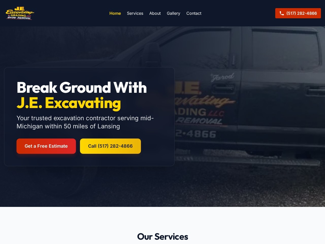 Screenshot of JE Excavating website